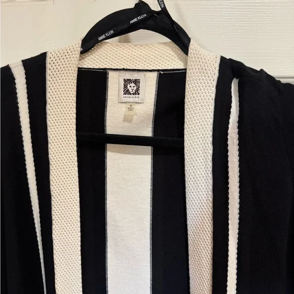 Anne Klein Black/Off White Striped Open Front Sweater Size M - Picture 4 of 8